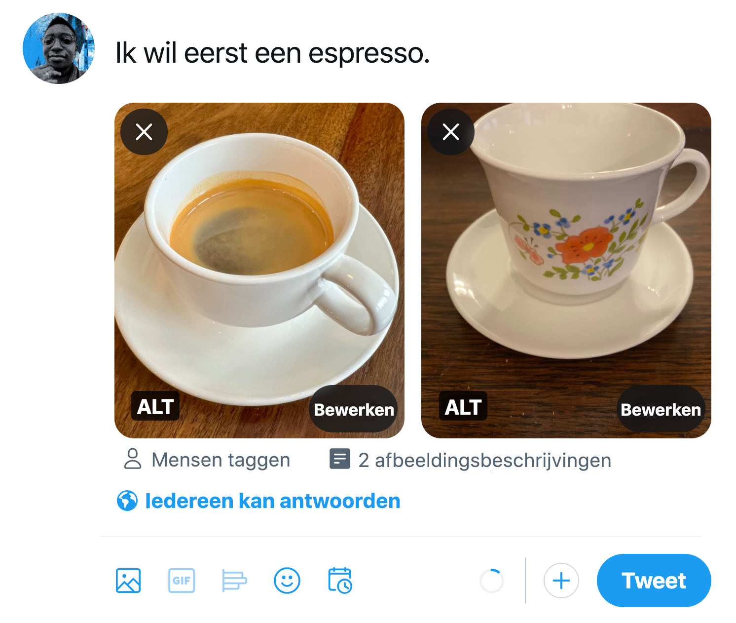 Screenshot van een concepttweet met de tekst 'Ochtendespresso die ik nodig heb'. Met twee geüploade afbeeldingen van een kop espresso en een klein, wit kopje met oranje en blauwe bloemen erop, beide op een schoteltje. ALT-badges worden weergegeven voor elke afbeelding.