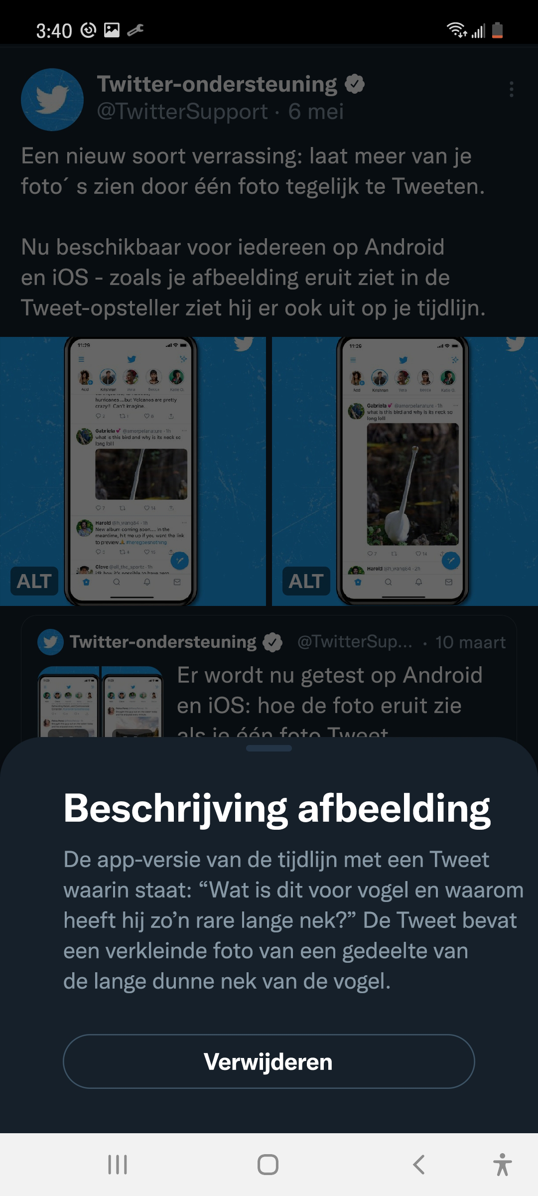 Screenshot van een Tweet van @TwitterSupport waarin de afbeeldingsbeschrijving onder aan het scherm van een Android-telefoon verschijnt, met een gedimde tijdlijn op de achtergrond. De Twitter-app staat in de gedimde modus.