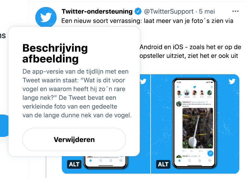 Screenshot van de Tweet van @TwitterSupport met de afbeeldingsbeschrijving boven de ALT-badge in de web-app. De tijdlijn staat op de achtergrond.