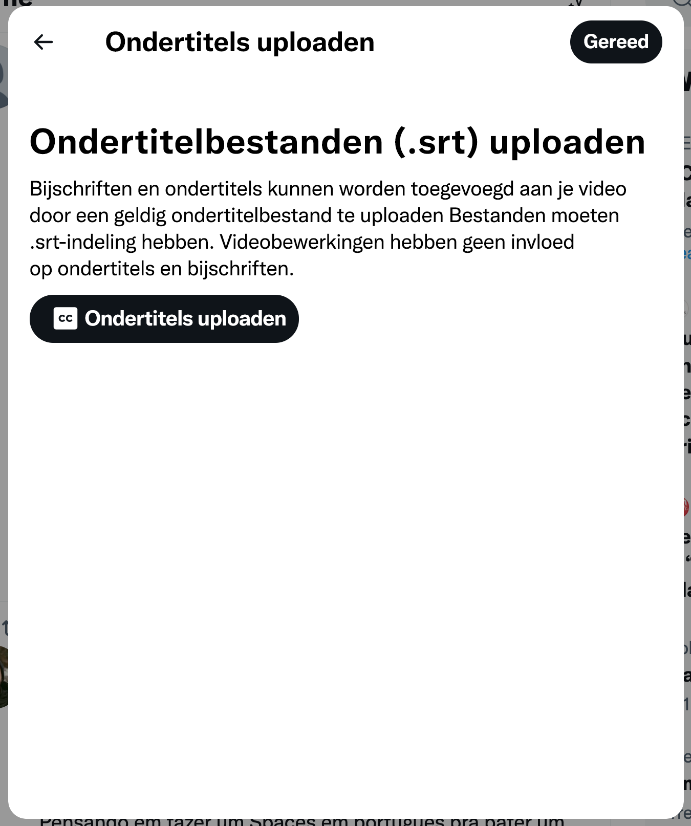 Screenshot van het uploadvenster voor ondertitelbestanden. De titel is Ondertitelbestanden (.srt) uploaden. Uit de informatie blijkt dat klanten bijschriften en ondertitels aan video's toe kunnen voegen door een SRT-bestand te uploaden. De CTA-knop heet Ondertiteling uploaden.