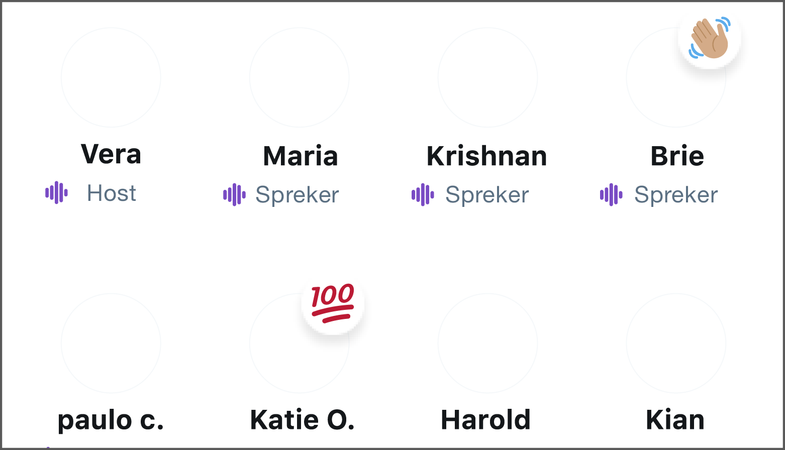 De knop reacties wordt geselecteerd en er verschijnen 5 emoji-opties: 100, opgeheven vuist, vredesteken, zwaaiende hand, gezicht met tranen van vreugde.