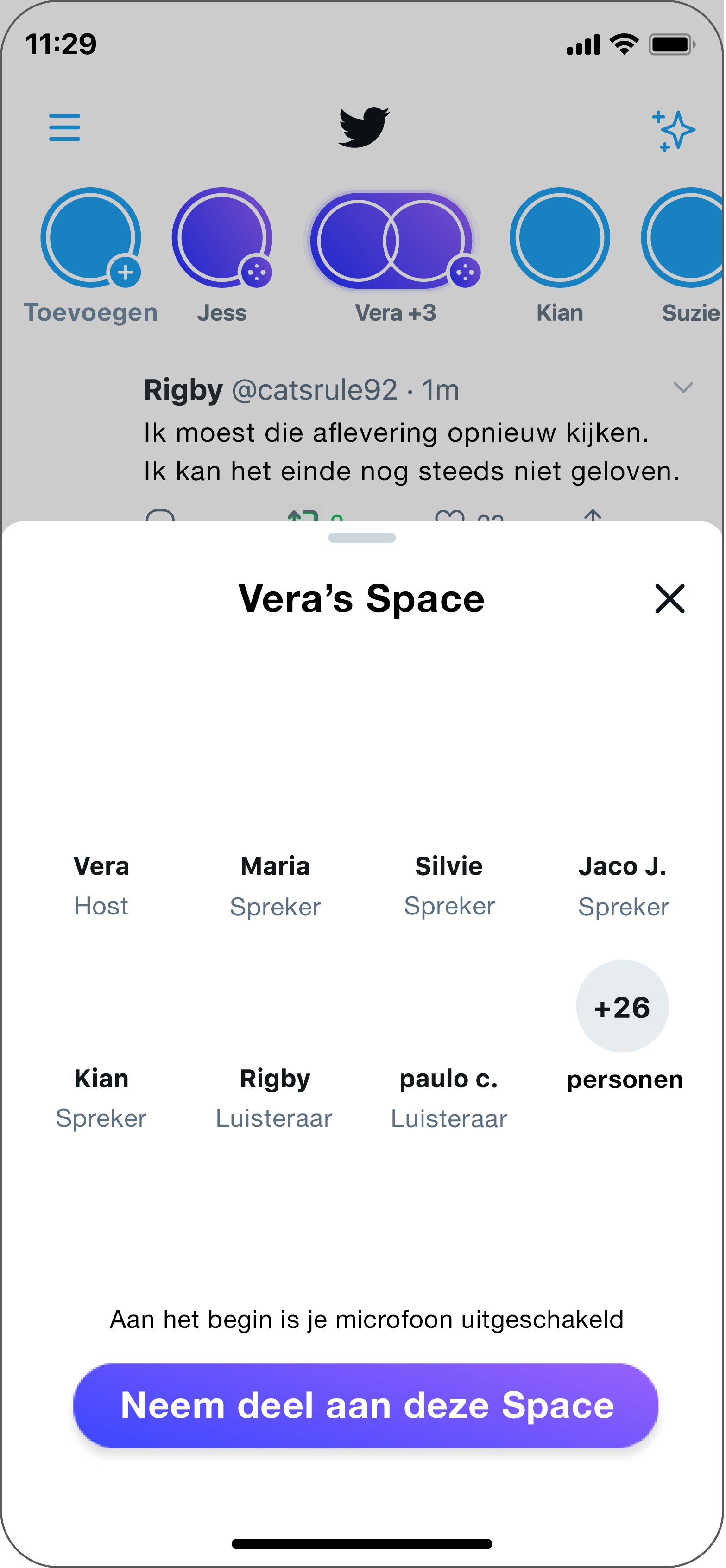 Voorbeeldweergave van de profielen en namen van mensen die al in de Space zijn. Het laatste profiel toont het aantal extra mensen in de Space: +26
