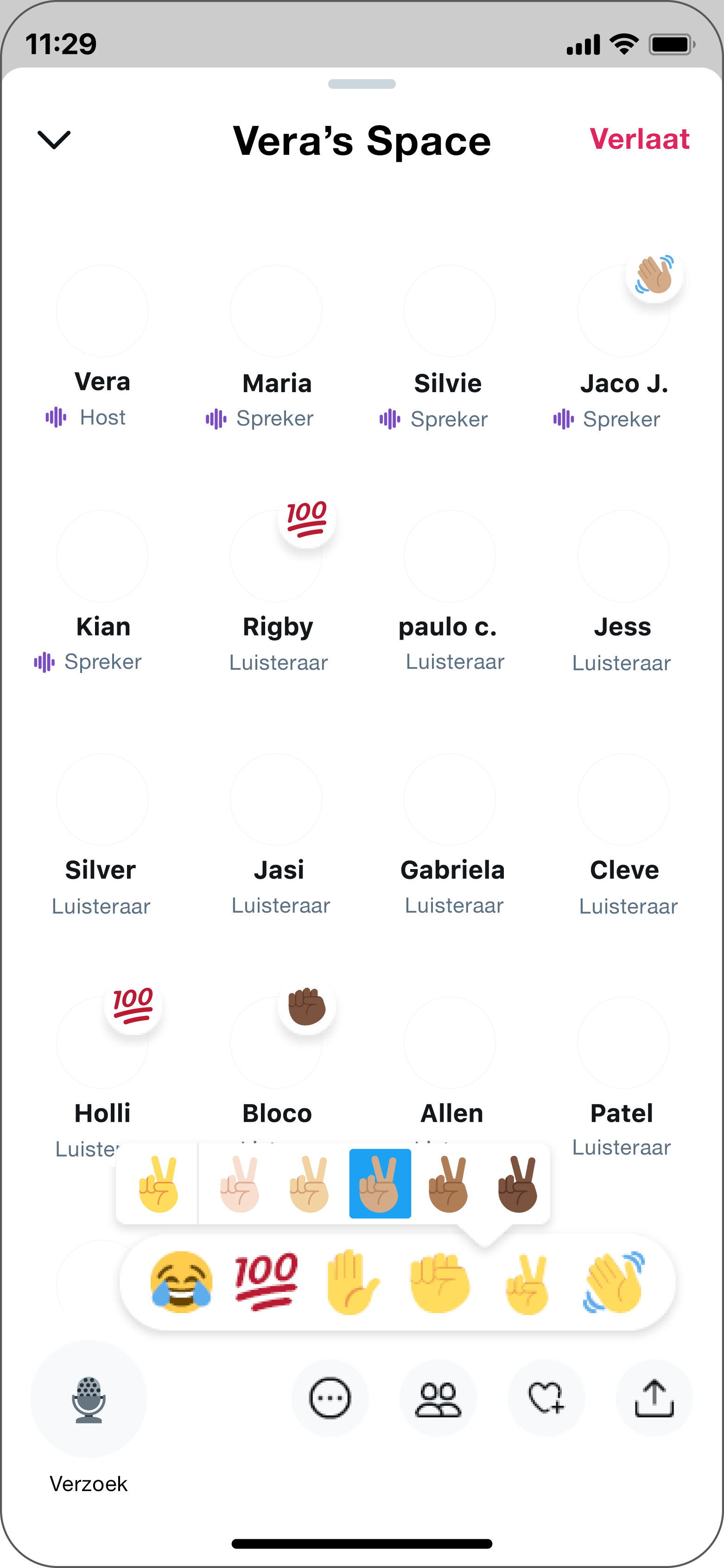 Luisteraar selecteert de "vredesteken"-reactie als hij of zij de Space binnenkomt.