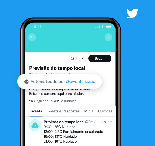 Exemplo de perfil de notícias de previsão do tempo local com rótulo que diz "Automatizado por @sweetsuzzie"