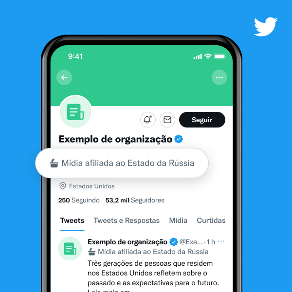 Exemplo de perfil de organização com o rótulo "Mídia afiliada ao Estado da Rússia"