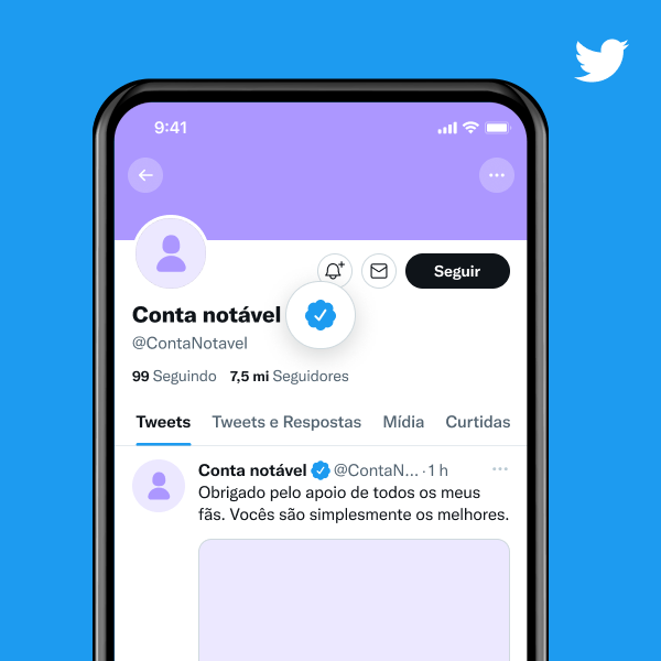 Exemplo de um perfil de conta de usuário com notoriedade e que carrega um selo azul de verificação.