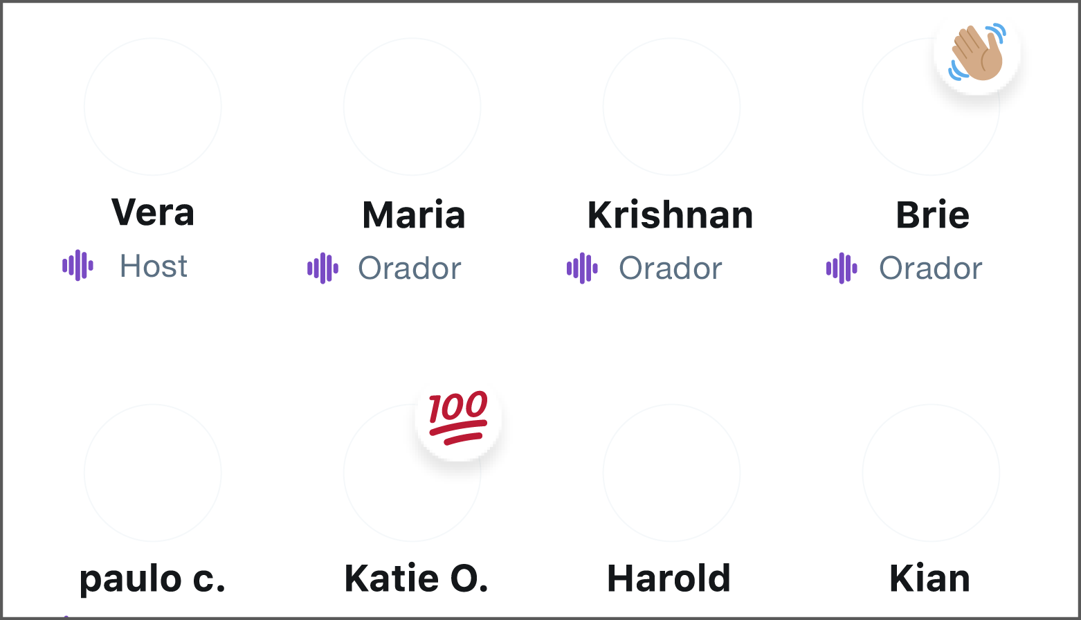O botão de reações é selecionado e são exibidas 5 opções de emoji: 100, punho em riste, sinal de paz, mão acenando, rosto com lágrimas de felicidade.