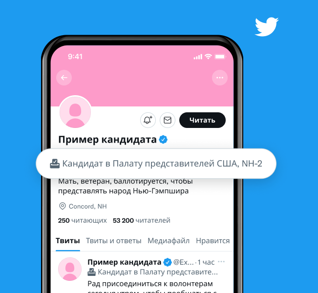 Пример профиля кандидата с меткой, на которой написано «Кандидат в Палату представителей США, NH-2»