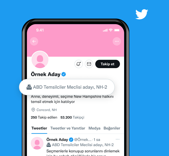 "ABD Temsilciler Meclisi adayı, NH-2" yazılı etiketin olduğu aday profili örneği