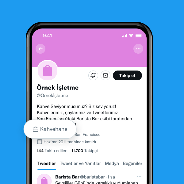 "Kahve dükkânı" yazılı etiketin olduğu örnek işletme profili.