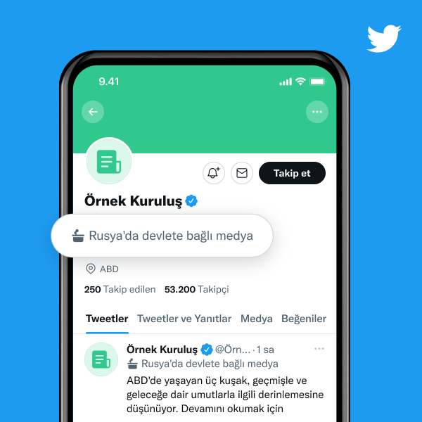 "Rusya devletine bağlı medya" yazılı etiketin olduğu kuruluş profili örneği